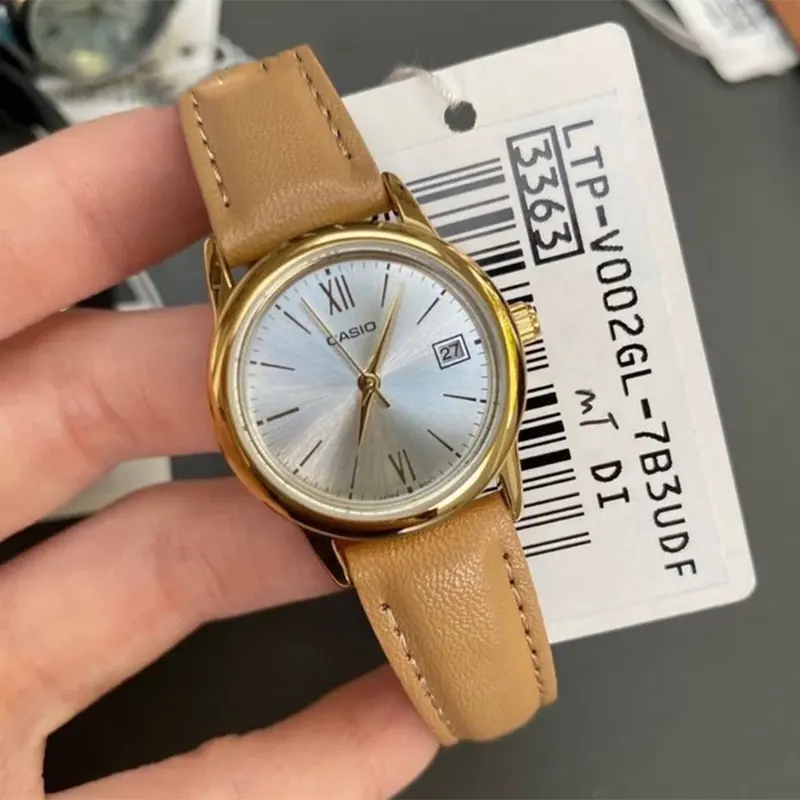 Casio Gray Dial Date Brown Leather Ladies Watch- LTP-V002GL-7B3